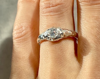 Molten Moissanite Engagement Ring, Handmade Sculptural Sterling Silver Ring, One of a Kind Organic Design