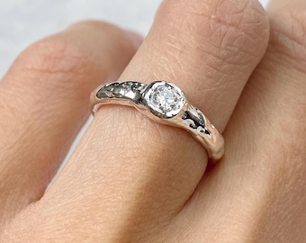 Moissanite Solitaire Engagement Ring, Sterling Silver Organic Sculptural Handmade Fluid Molten Texture Design