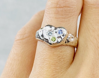 Sterling Silver Handmade Heart Signet Ring, Unisex Statement Design, Multigem Peridot Aquamarine Tanzanite