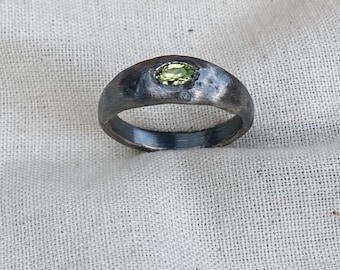 Handmade Sandcast Sterling Silver Peridot Ring, Oxidized Finish, Organic Engagement Band