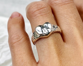 Handmade Sterling Silver Heart Signet Ring, Unisex Statement Ring, Wavy Organic Texture
