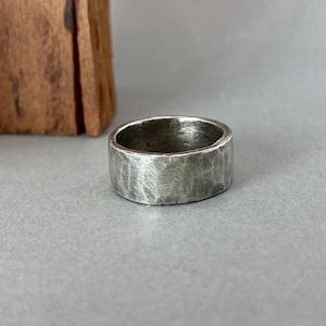 Handmade Unisex Wide Textured Silver Ring/Raw Oxidized Blackened Band/Rough Organic Finish/Sterling Silver Statement Ring/One of a Kind Ring