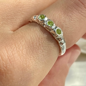Three Natural Stone Peridot Ring, Sterling Silver Multigem Design, Organic Green Gemstone, Molten Band