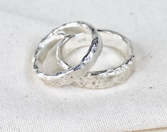 Handmade Sterling Silver Wedding Bands, Rustic Textured Stacking Ring Set