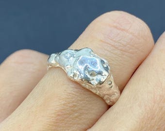 Molten Sterling Silver Ring, Sculptural Handmade Organic Statement Piece, One of a Kind Signet Style Unisex
