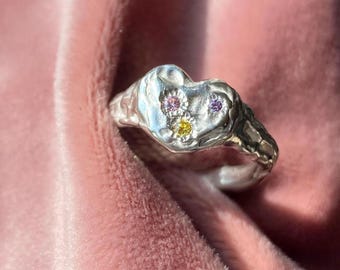 Handmade Statement Heart Signet Ring, Three Colorful Gems, Sterling Silver, Valentines Gift, Organic Texture