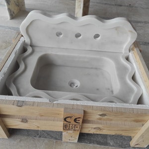 Yellow and Gray Veins White Marble Sink, Wall Mount Sink, Farmhouse Sink, Vessel Washbasin, Vanity Top Sink