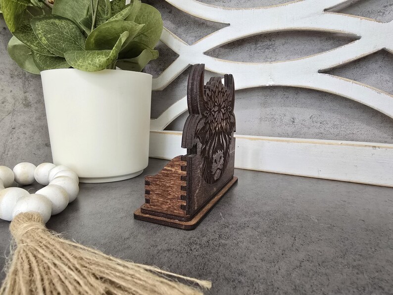 Highland Cow Wood Business Card Holder, Elegant Desk Accessory and