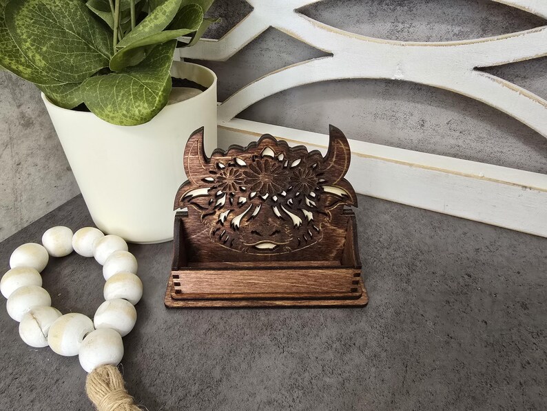 Highland Cow Wood Business Card Holder, Elegant Desk Accessory and