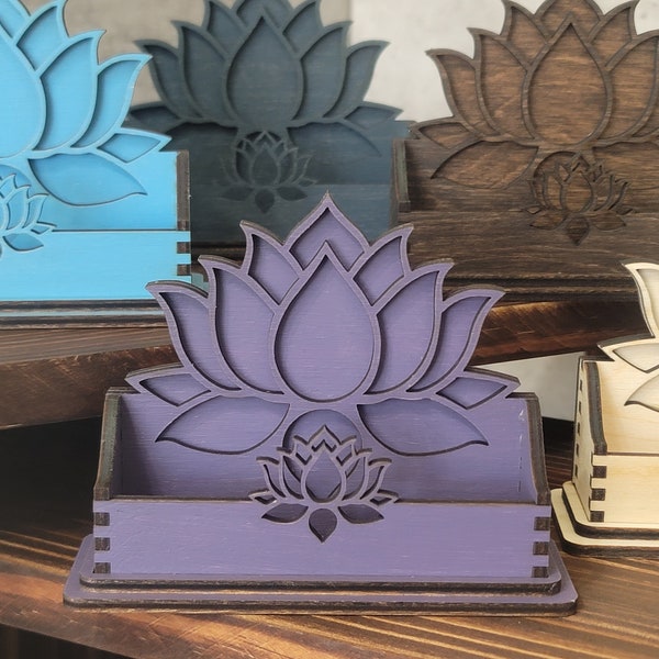 Lotus Flower Wood Business Card Holder, Elegant Desk Accessory and Organizer, Multiple Colors and Maple Option