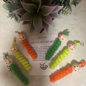 Gehäkelte personalisierte Glückswürmchen  Sorgenwürmchen.Glücksbringer mit Spruchkarte,Abschiedsgeschenk Kindergarten,Geschenk für Erzieher