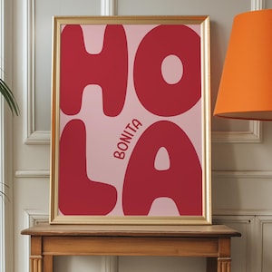 Hola Bonita Spanishful Art Print | Preppy Pink & Red Wall Art | Southwestern Aesthetic Poster for Trendy Apartment Decor