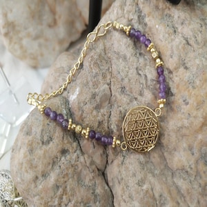 Amethyst Crystal Bracelet with Gold Flower of Life Amulet Sacred Geometry