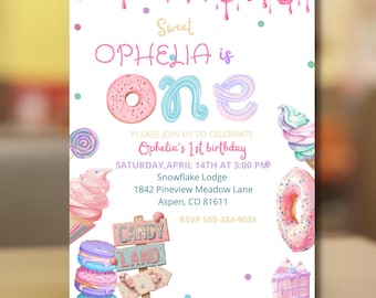 May include: A colorful invitation for Ophelia's first birthday, featuring a sweet candy theme. The design includes illustrations of donuts, cupcakes, and candy, with the text "Sweet Ophelia is One." The invitation also includes event details.