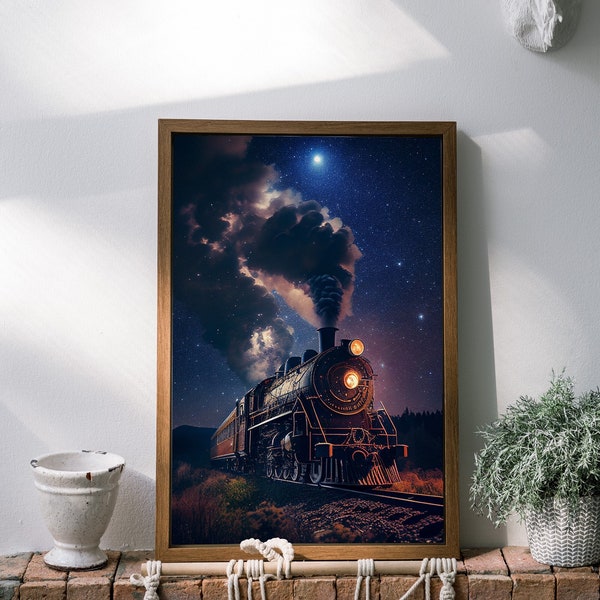 Printable Steam Train Under Starry Sky Painting, Portrait Art Print, Night Sky Art Print, Digital Download