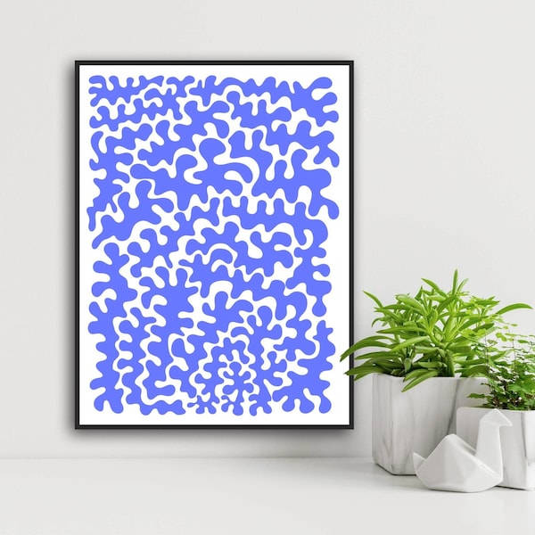 Coral Drawing Digital Art, Downloadable Print, Blue Contemporary, Modern Design, Monochrome Home Decor Abstract Matisse Style Piece