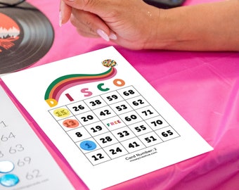 Disco Bingo Party Game Bundle • 25 Unique Cards for a 1970s Costume Party!