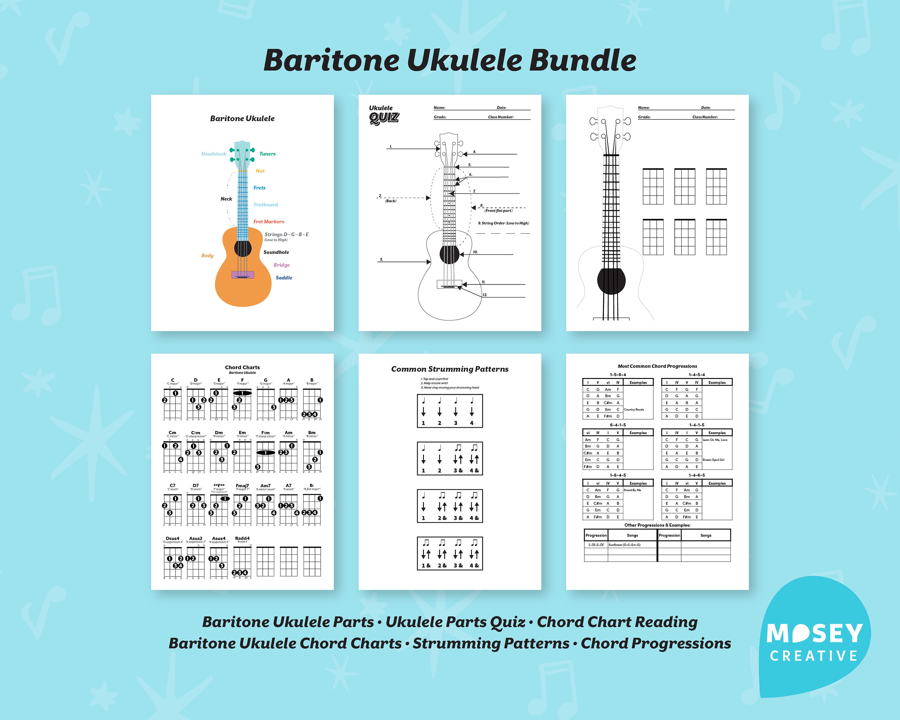 Baritone Ukulele Bundle Chord Charts & Progressions Music Teacher