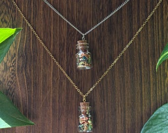 FAIRY BOTTLE Necklace: Multicolored Gold Leaf Filling, Stainless Steel, Handmade, Whimsical Magical