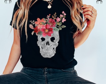 Floral Skull T-Shirt, Halloween Flower Skull Tee