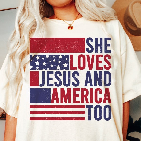 She Loves Jesus And America Too Png, America Png, Retro America Png, 4th Of July PNG, Retro 4th Of July Sublimation Design, Patriotic Png,