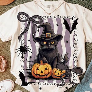 プレッピーな黒猫PNG、レトロなハロウィンPNG、不気味な季節PNG、カボチャPNG、黒猫PNG、秋PNG、ハロウィンシャツデザイン、ハロウィンPNG