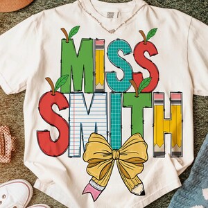 Coquette Teacher PNG, personalize by adding the teacher&#39;s name, Teacher Pencil Coquette Bow Png, Back To School, Teacher Appreciation Gift