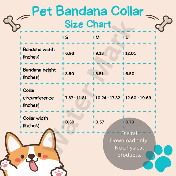 Size Chart for Printify Pet Bandana Collar from Printed Mint Generic Brand , Digital Download PNG, Care Instructions, Thumbnail, Template