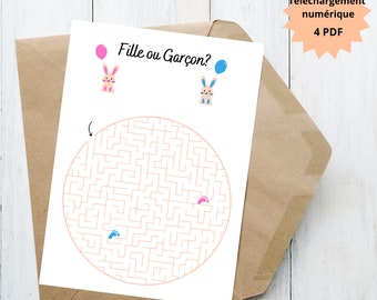 Carte d'annonce FILLE ou GARÇON, Labyrinthe, annonce le sexe du bébé, Téléchargement numerique, Baby shower, Imprimable