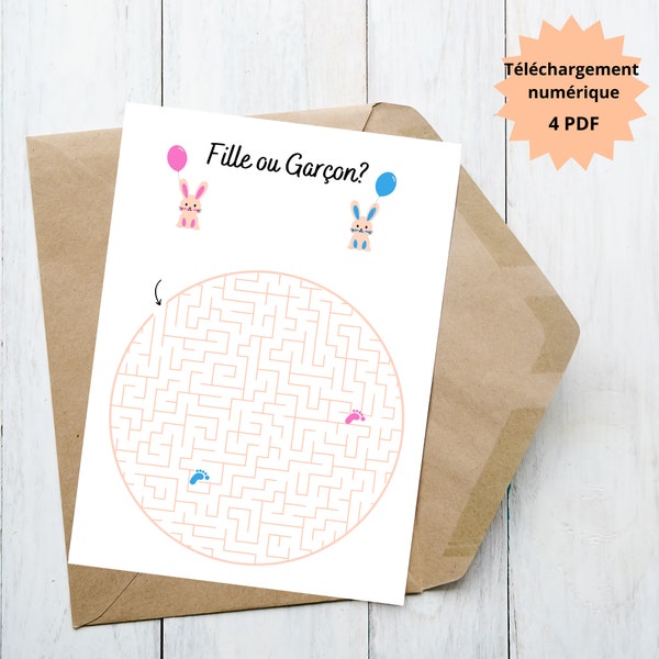 Carte d'annonce FILLE ou GARÇON, Labyrinthe, annonce le sexe du bébé, Téléchargement numerique, Baby shower, Imprimable