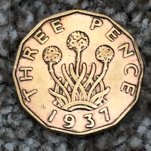 1937, UK Threepence &#39;brass&#39; British, three pence, 3 pence, 3p