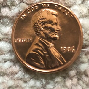 1986 Lincoln Penny cent , Moneda americana de 1 centavo Estados Unidos Abraham Lincoln 1986 1C, RD (Regular Strike) RARE NO Mint Mark Unc