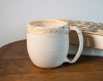 White handmade ceramic birch mug with speckled rim