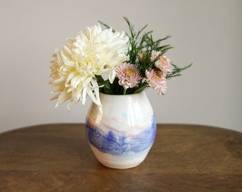 Blue, pink, and white small ceramic vase