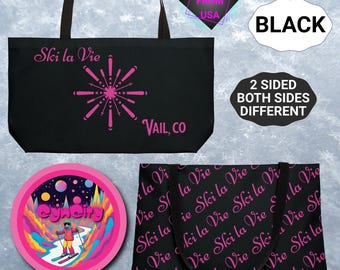 SKI LA VIE - Vail, Co - Borsa tote bifacciale con fiocco di neve rosa neon su nero / Elegante borsa da viaggio, regalo per gli amanti dello sci, spedizione solo negli Stati Uniti