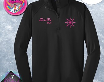 SKI LA VIE - Vail, Co - Pink bestickter Sport-Wick Stretch Quarter-Zip Pullover, Ski Mid Layer, Skibekleidung, Apres Ski Wear. Versand nur in die USA