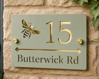 Personalised Acrylic House Sign with Mirror Back, Modern House Number Plaque, Custom Address Sign, Choose Colour and Motif