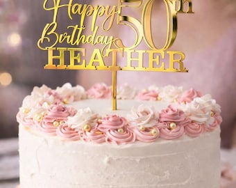 Personalised 50th Birthday Cake Topper, Mirror Gold Acrylic Cake Decoration, Custom Name Birthday Topper, Elegant 50th Party Decor UK