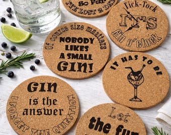 Fun Drinks Coaster sets (6 pack) - Gin Lovers, Slate Cork Oak finish Laser Crafted UK