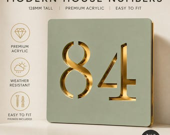 Personalised Sage Green House Number Sign | Modern Acrylic Door Number Plaque | Mirror Gold 3D Address Sign | Contemporary Outdoor Sign