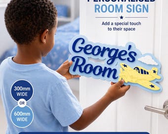 Personalised Kids Room Sign, Custom Name Door Sign, Boys Bedroom Wall Decor, Airplane Nursery Sign, Childrens Name Plaque, Gift for Boy