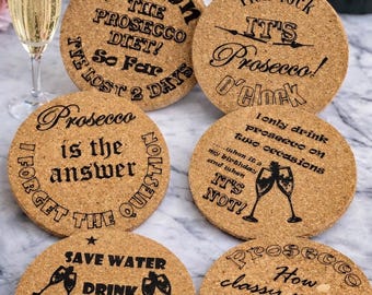 Funny Drinks Coaster sets (6 pack) - Prosecco Lovers, Slate Cork Oak finish Laser Crafted UK