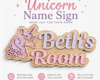 Personalised Unicorn Name Sign | Layered Wood Acrylic Girls Bedroom Plaque UK