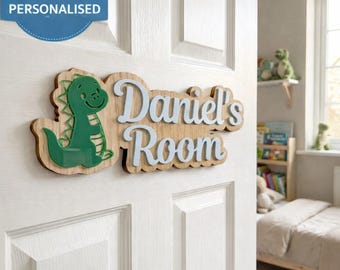 Personalised Dinosaur Name Sign | Layered Wood Acrylic Kids Room Decor