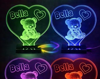Personalised Teddy Bear Night Light – Custom Name LED Lamp, Jungle Decor