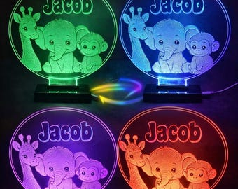 Personalised Safari Animal LED Night Light – Custom Name Lamp for Nursery Decor