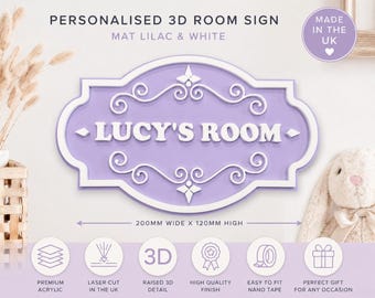 Personalised Lilac Room Sign | 3D Acrylic Name Plaque | Kids Bedroom Door Sign | Matt Lilac & White Nursery Name Sign | Custom Wall Decor