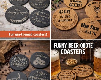 Funny Drinks Coaster sets (6 pack) - Gin Beer Coffee Prosecco. Laser Crafted in UK