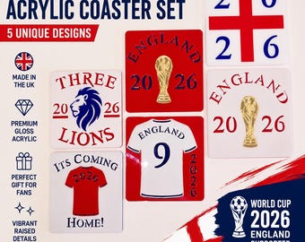 England 2026 Football Coasters Set | Acrylic England Fan Coasters | Three Lions World Cup 2026 | England Supporters Gift | High Gloss