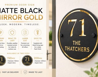 Personalised Round House Sign | Matte Black & Mirror Gold Acrylic Door Number Sign | Modern House Plaque | Custom Address Sign UK